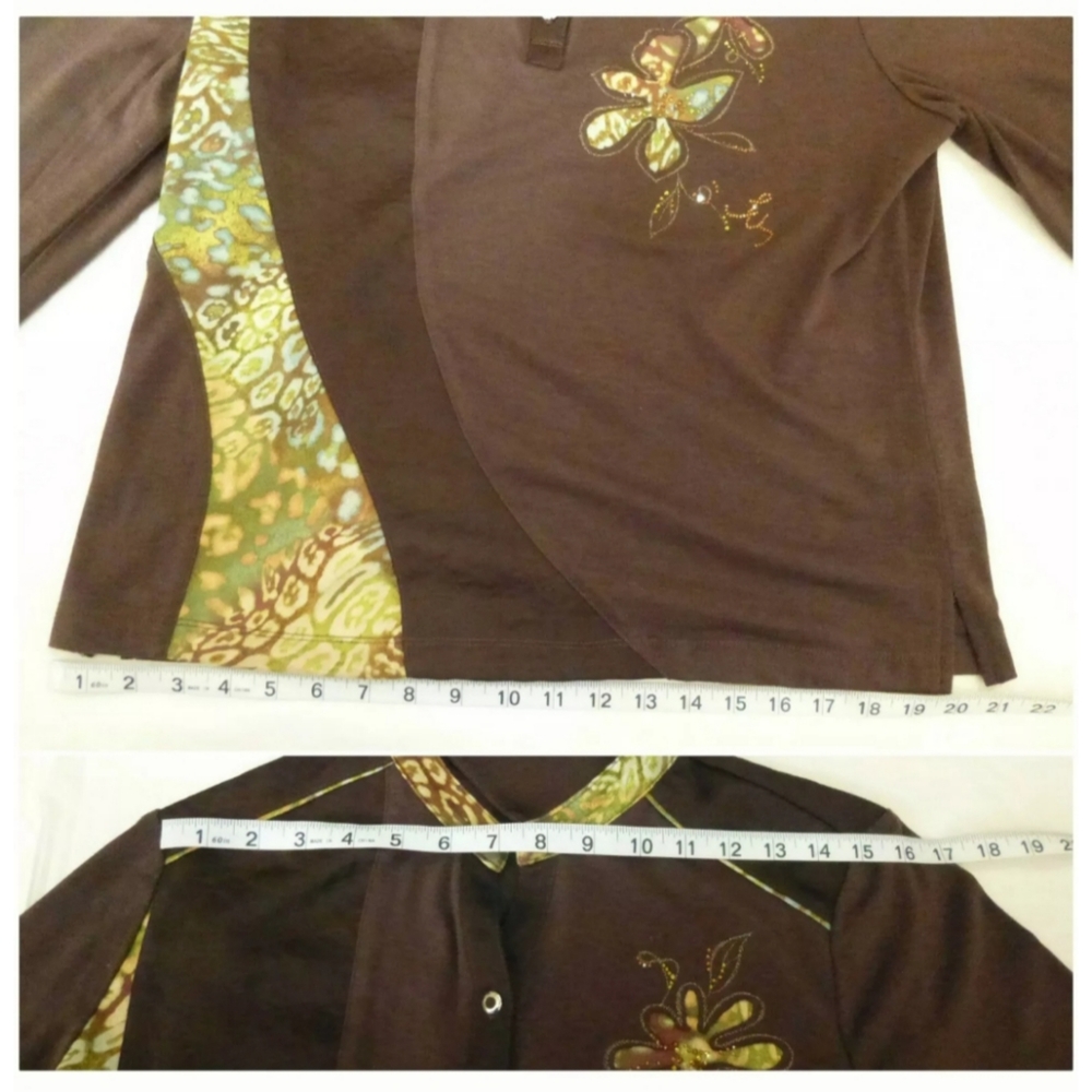 Women Top Size L Brown Long Sleeve Henley Stretch - Picture 8 of 8